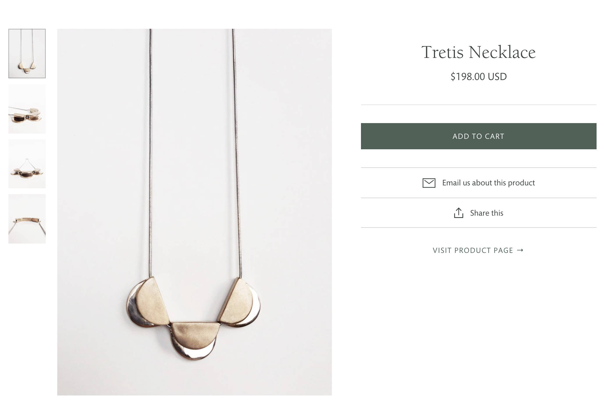 Featured product section displaying a necklace with product details