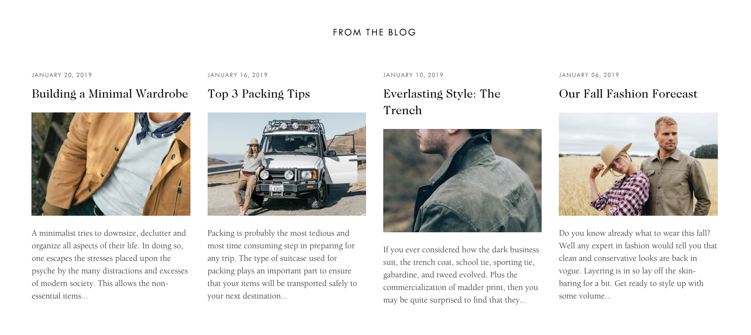 Four blog posts displayed on the Safa demo home page