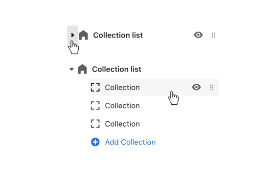 Collection list blocks revealed by clicking the toggle