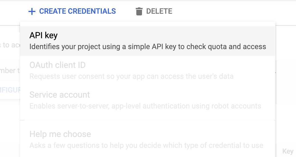 Select API key from the credentials page